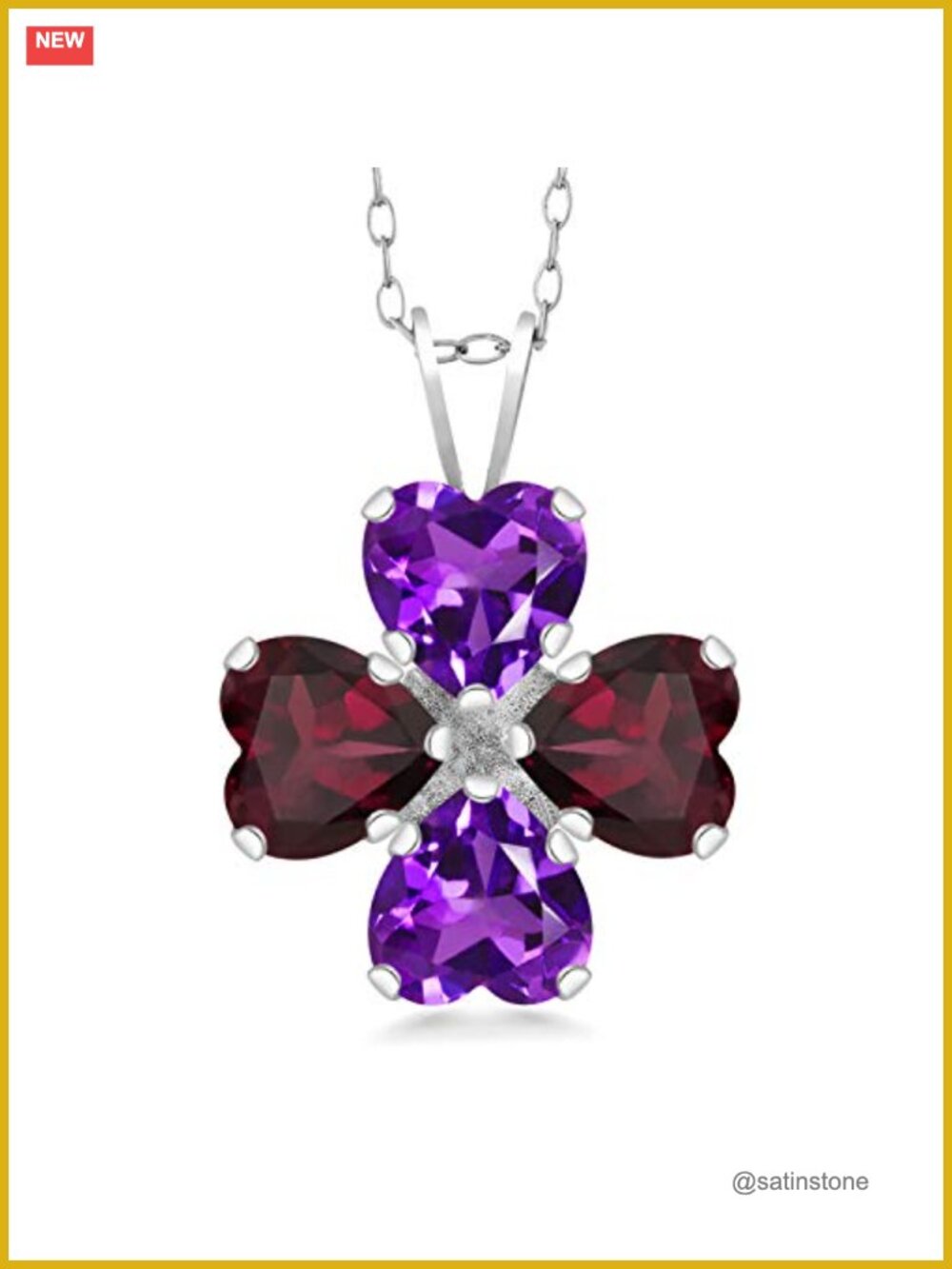 Sterling Silver Amethyst Rhodolite Garnet Four Heart Pendant Necklace 18 Inch